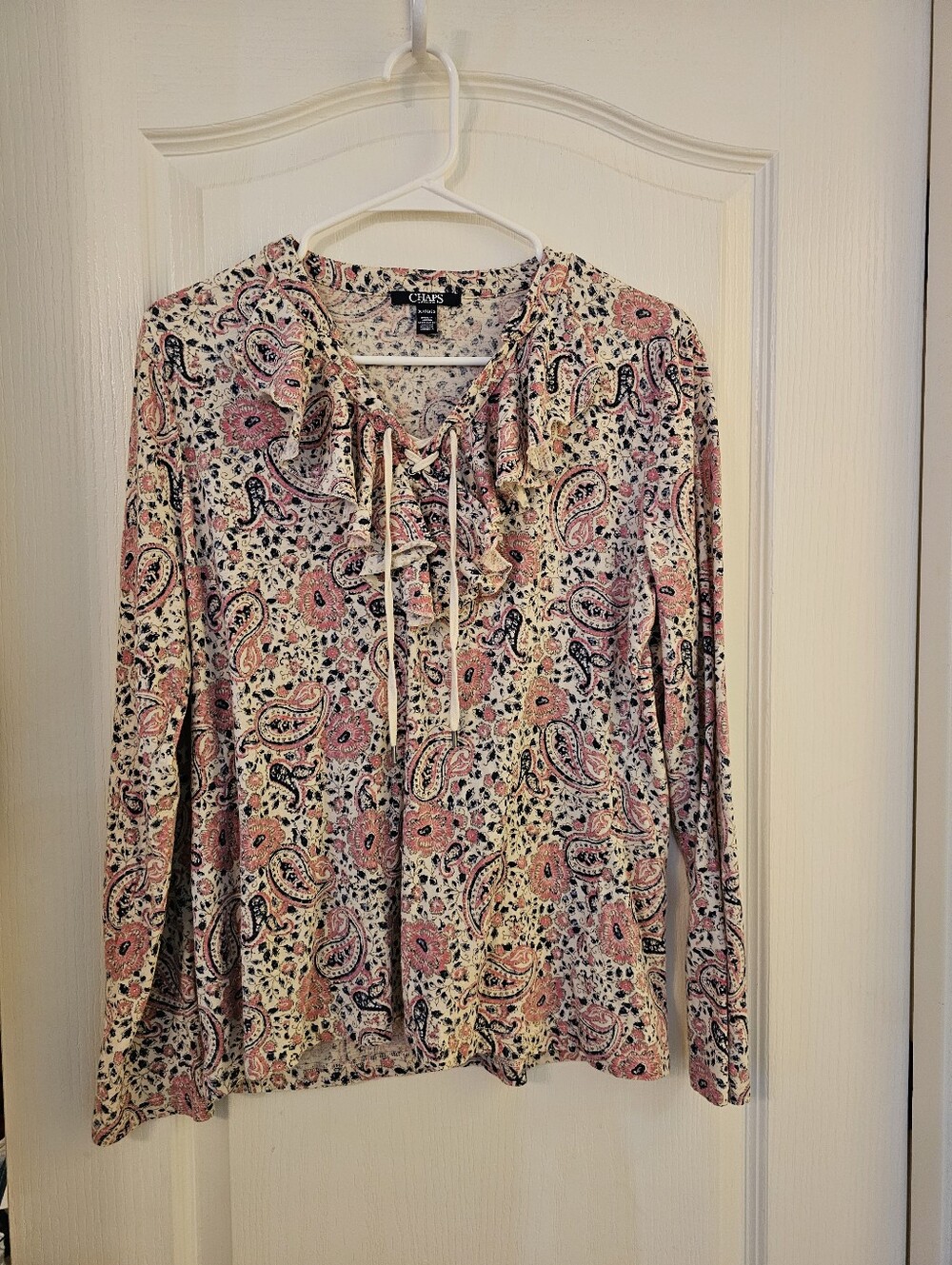 Chaps Pink Paisley Ruffle Tie-Neck Long Sleeve Top